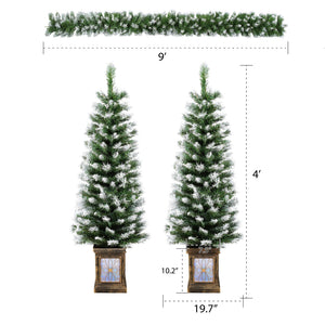 Artificial Christmas 3 Piece Set Wreath And 2 Entrance Trees With LED Lights - White / Green