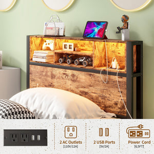 Modern Twin Size Metal Platform Bed Frame With Storage Headboard And Charging Station - Brown