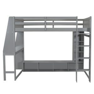 Gaming Loft Bed With Desk, Multi Storage Shelves, LED Lighting, And Hanging Clothes Rack