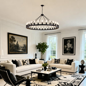 64 Inch Matte Black Wagon Wheel Chandelier With 30 Lights