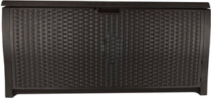 Suncast Trash Hideaway Outdoor Garbage Bin & 99 Gallon Deck Box w/ Seat, Java