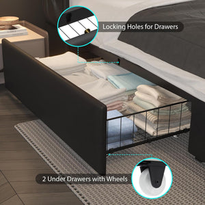 Wingback Upholstered Bed Frame With LED Lights, Charging Station