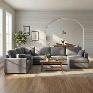 Modular 5 Seat U-Shape Sectional Sofa With Chaise Lounge, Built In Cup Holders And Storage Drawer