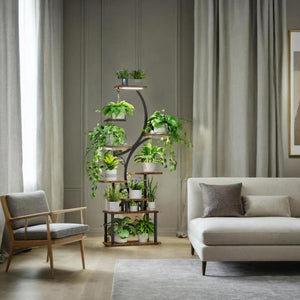 8 Tier Indoor Plant Stand with Grow Lights - Black & Dark Walnut