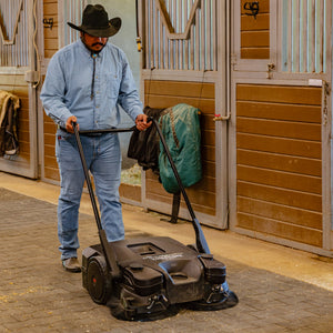 30" Battery Powered Push Sweeper with Triple Power Brooms Electric Drive and Dust Suppression Sprayer - TRAPSKI