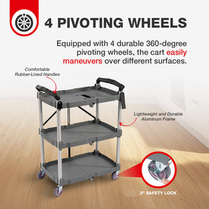 Elevon Service Cart Portable Utility 3 Tier Collapsible Shelving Unit, Gray - TRAPSKI