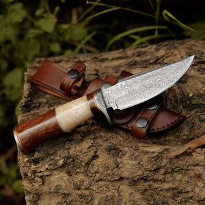 Elite Damascus Hunting Knife with Mother of Pearl & Rose Wood Handle - TRAPSKI