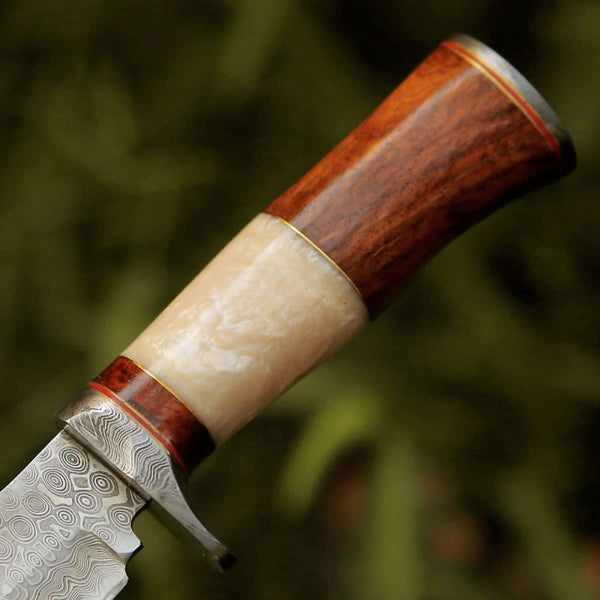 Elite Damascus Hunting Knife with Mother of Pearl & Rose Wood Handle