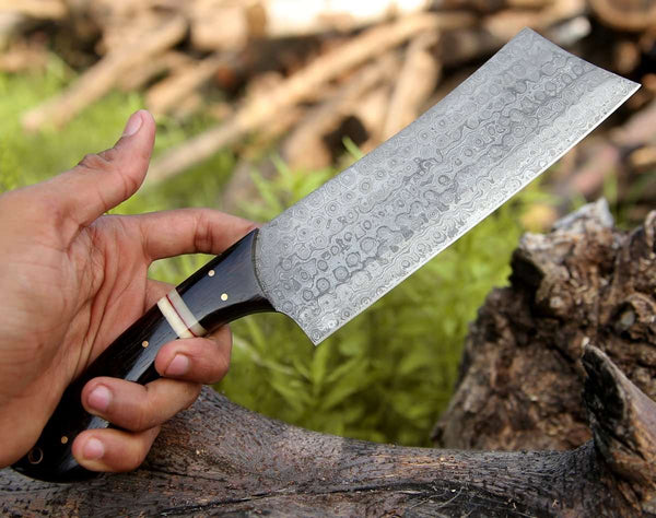 Ember Damascus Cleaver Knife with Bone & Exotic Wenge Wood Handle