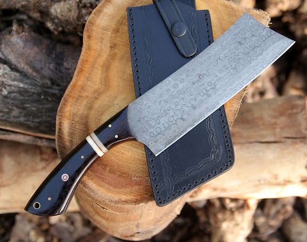 Ember Damascus Cleaver Knife with Bone & Exotic Wenge Wood Handle