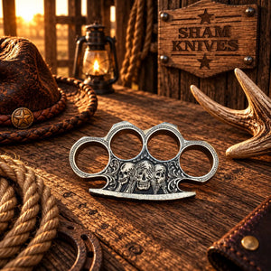 Engraved Skull Brass Knuckle – Gothic Collector’s Piece with Leather Sheath