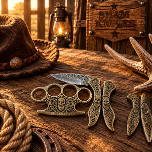 Engraved Brass Knuckle Set – Ornate Skull Design with Pocket Knife