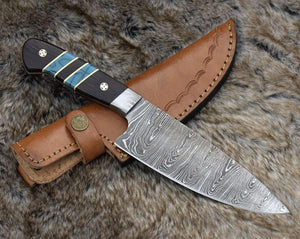 Epicurian Damascus Chef Knife with Exotic Wenge Wood & Turquoise Handle - TRAPSKI