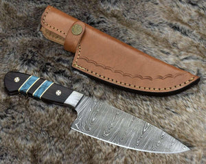 Epicurian Damascus Chef Knife with Exotic Wenge Wood & Turquoise Handle - TRAPSKI