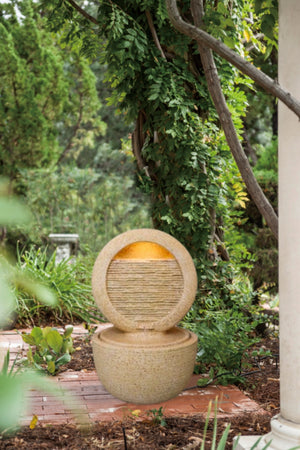 Cement Round Water Fountain with Light and Pump - Beige & Yellow