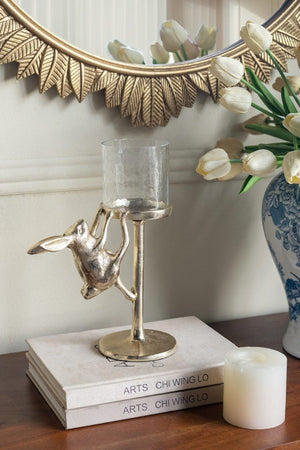 Gold Rabbit Pillar Candle Holder with Glass Hurricane Shade - Clear, Gold