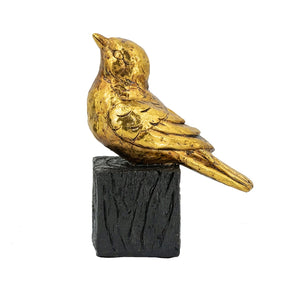 Gold Resin Songbird Sculpture with Feather Detailing - Black Faux Branch