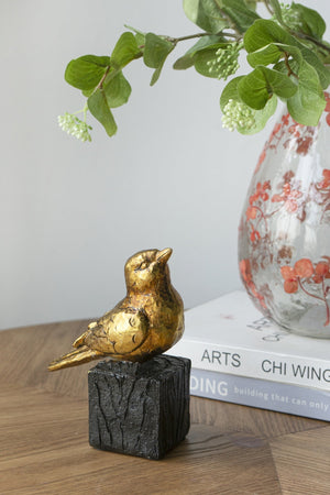 Gold Resin Songbird Sculpture with Feather Detailing - Black Faux Branch