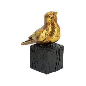 Gold Resin Songbird Sculpture with Feather Detailing - Black Faux Branch