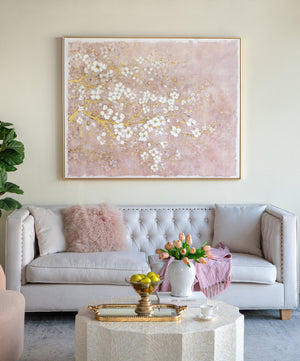Hand-Painted Cherry Blossom Canvas Wall Art with Subtle Gold Accents - Multicolor