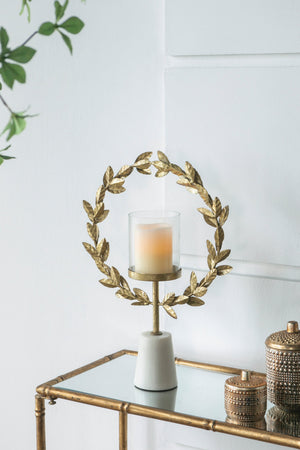 Iron Floral Hurricane Table Lamp with Marble Base - Gold & White