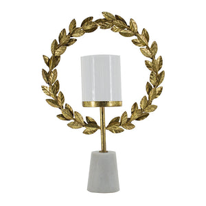 Iron Floral Hurricane Table Lamp with Marble Base - Gold & White