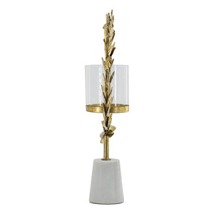 Iron Floral Hurricane Table Lamp with Marble Base - Gold & White