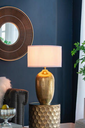 Round Aluminum Table Lamp with White Fabric Shade - Gold