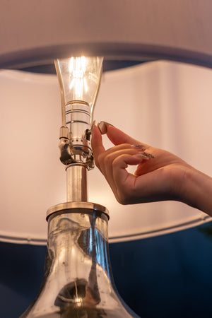Silver Round Table Lamp with White Fabric Shade