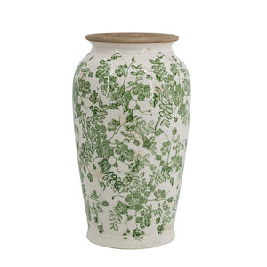 White Ceramic Flower Vase with Green Floral Pattern - 11.6" Tall