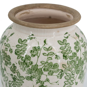 White Ceramic Flower Vase with Green Floral Pattern - 11.6" Tall