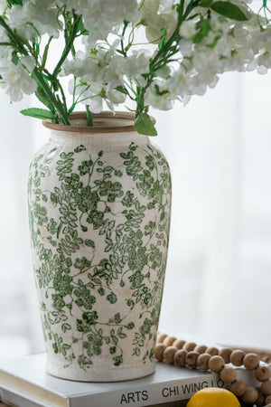 White Ceramic Flower Vase with Green Floral Pattern - 11.6" Tall