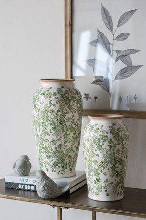 White Ceramic Flower Vase with Green Floral Pattern - 11.6" Tall