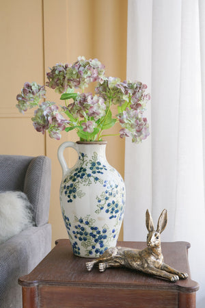 White Ceramic Vase with Blueberry Motif - Multicolor
