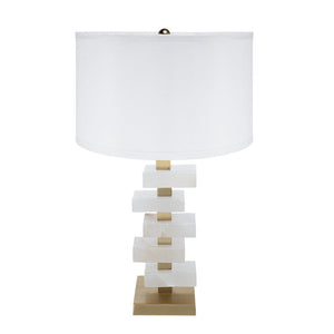 White and Gold Alabaster Table Lamp with Fabric Drum Shade - 15" W x 15" D x 26.7" H