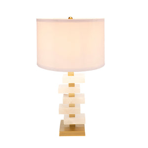 White and Gold Alabaster Table Lamp with Fabric Drum Shade - 15" W x 15" D x 26.7" H