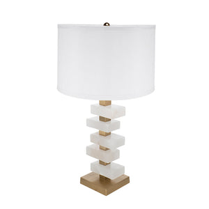 White and Gold Alabaster Table Lamp with Fabric Drum Shade - 15" W x 15" D x 26.7" H