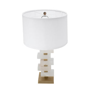 White and Gold Alabaster Table Lamp with Fabric Drum Shade - 15" W x 15" D x 26.7" H