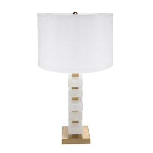 White and Gold Alabaster Table Lamp with Fabric Drum Shade - 15" W x 15" D x 26.7" H