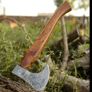 Damascus Viking Axe, Damascus Steel Axe With Leather Sheath, Darkwood Handle Axe, Viking Hatchet, Camp Axe