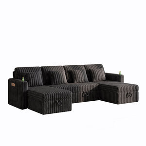 U Shaped Plush Corduroy Fluffy Sectional Sleeper Sofa