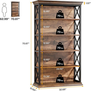 6 Tier Industrial Brown & Bookshelf With X Pattern Design - Rustic Brown