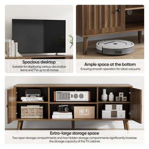 55" TV Cabinet With Vertical Groove Doors, Adjustable Shelves - Walnut