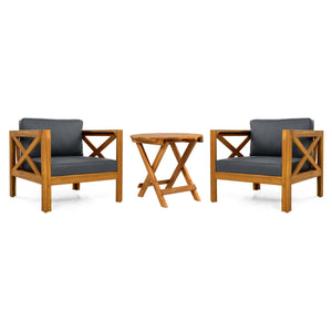 Patio Conversation Set with Foldable Acacia Wood Table and Cushioned Armchairs