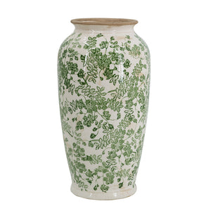 7.7x7.7x14.6' White Ceramic Flower Vase with Green Floral Pattern