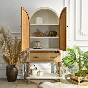 Arched Flower Carved Door Accent Sideboard Cabinet With 1 Drawer And Shelf, Cabinet For Kitchen - Natural / White