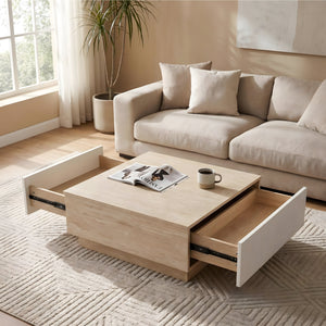 Modern Faux Travertine Coffee Table with 2 Drawers