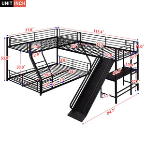 L-Shaped Twin Over Full Bunk Bed With Twin Loft, Built In Desk And Slide - Black