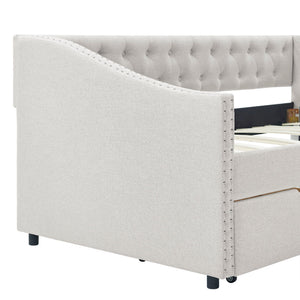 Upholstered Tufted Daybed With 2 Drawers, Waved Arms