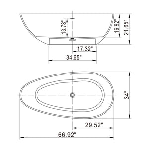 66.9" x 34" x 21.7" Freestanding Solid Surface Soaking Bathtub For Bathroom - Matte White